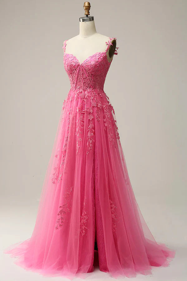Wholesale Hot Pink Lace Long Prom Dress Spaghetti Strap Evening Dress Party Dress